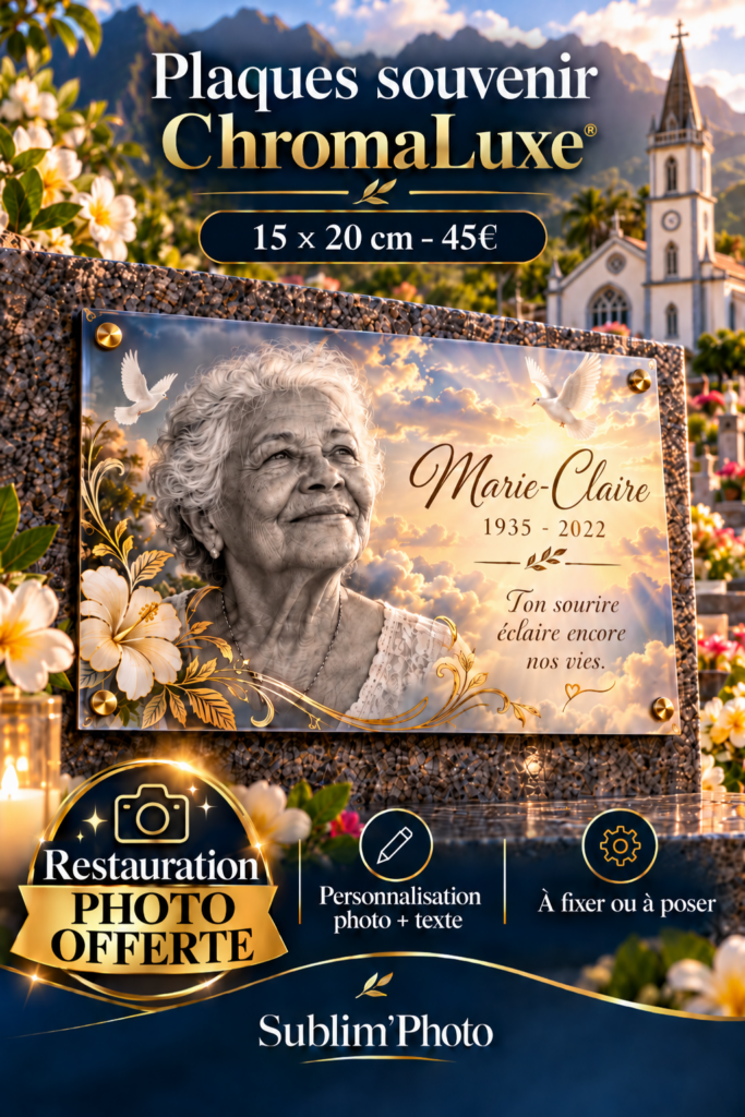 Plaque souvenir ChromaLuxe 15 x 20 cm avec portrait de mamie, colombes et dorures, restauration photo offerte