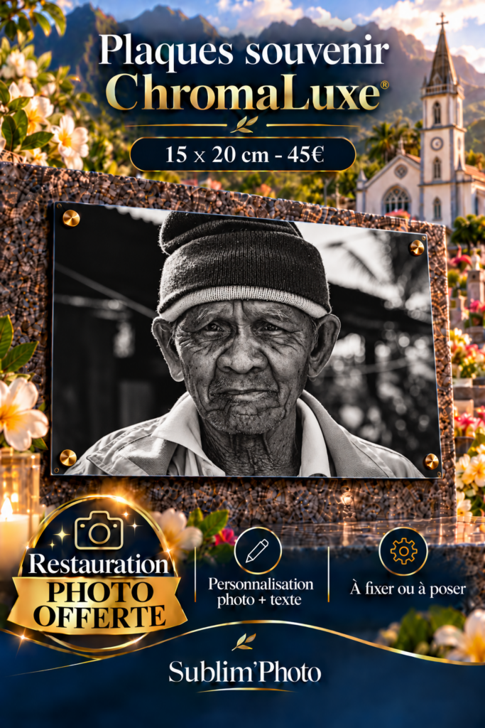 Plaque souvenir ChromaLuxe personnalisée 15 x 20 cm, portrait noir et blanc à Cilaos, restauration photo offerte